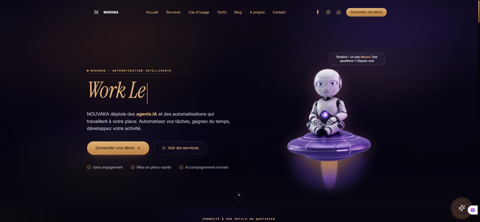 Page d'accueil de Nouvaka, plateforme d'agents IA